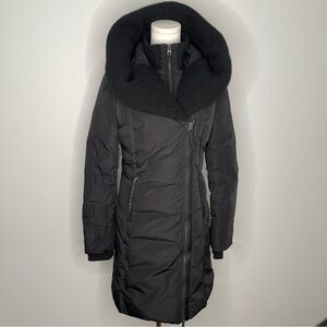 MACKAGE Brigid Black Down Puffer Jacket with Wool Oversized Collar Hoodie